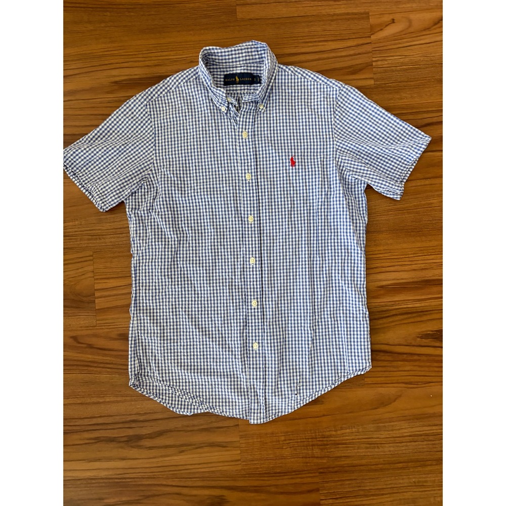 Ralph Lauren Mens Blue Gingham Short Sleeve Button Down Shirt Small Cotton